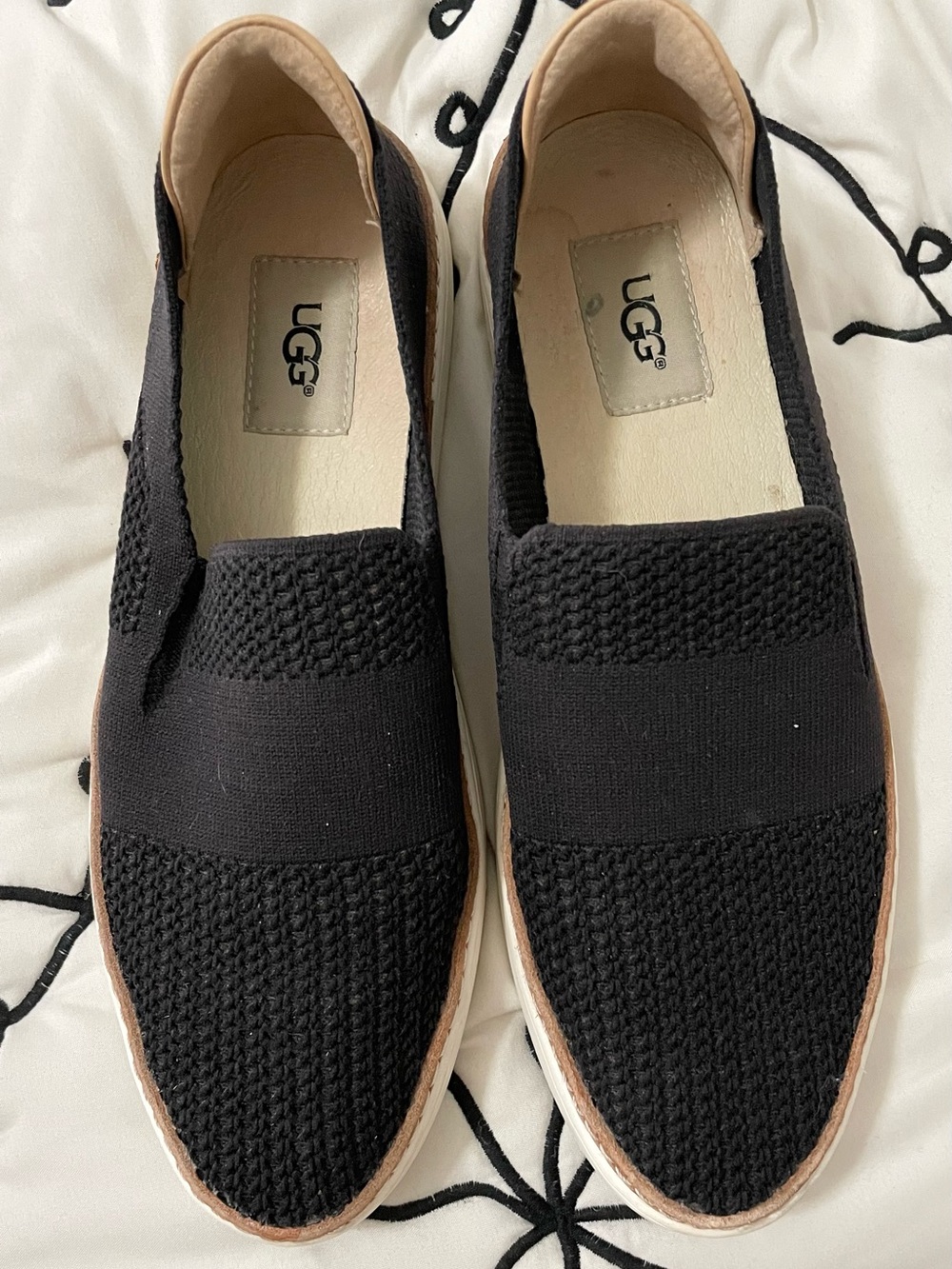 UGG Black Knit Slip-On Shoes with Tan Trim